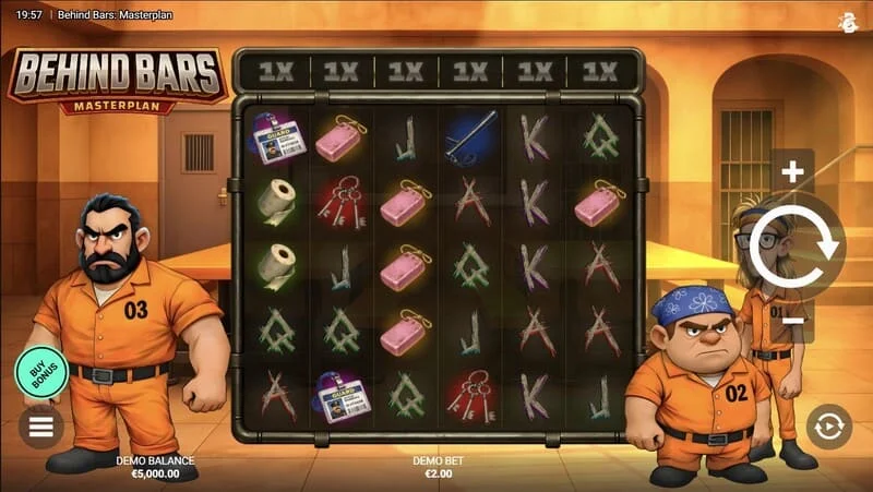 Behind Bars Masterplan - ekrani i lojës me rrotullat 6x5 dhe koeficientet vertikale